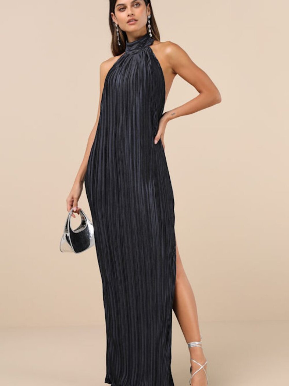 Lulus Gwenny Dark Navy Satin Plisse Maxi Dress Blue - Size S